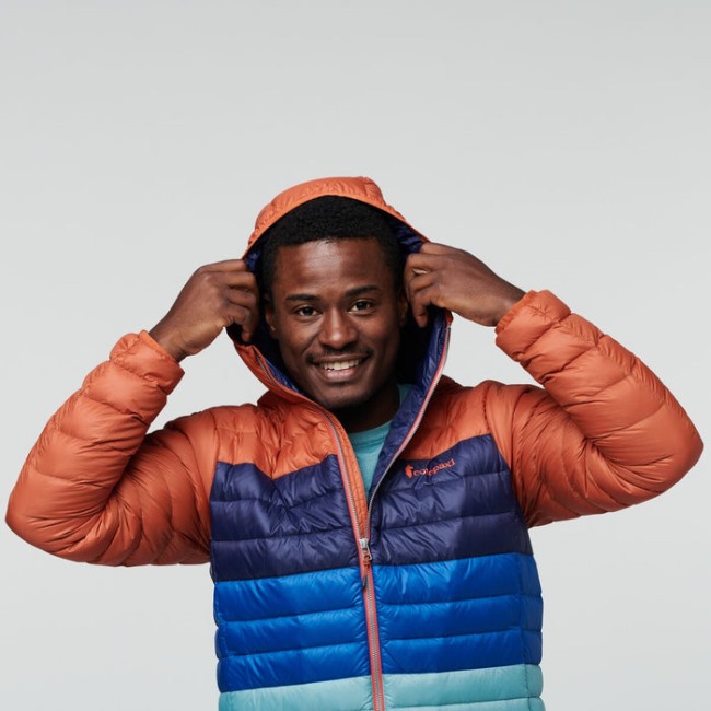 Original Cotopaxi Spice Stripes Fuego Daunenjacke Mit Kapuze Farbblock Herren