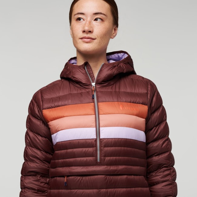 Cotopaxi Brand Kastanie Streifen Fuego Daunen Kapuzenpullover Damen
